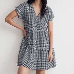 Madewell Navy Gingham Tiered Mini Dress XS | Cottagecore Babydoll Cotton Dress